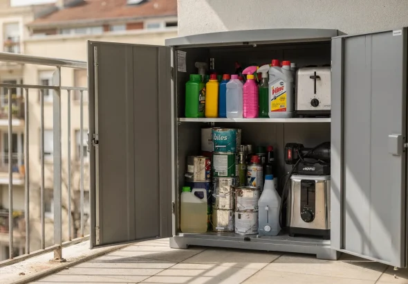 Armadio da esterno aperto su un balcone con detergenti, spray, vernici e batterie riposti in modo rischioso