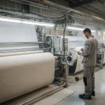 Rotoli di tessuto in uno stabilimento tessile durante una lavorazione conto terzi con documenti tecnici e controlli di filiera