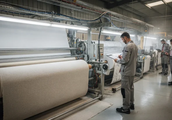 Rotoli di tessuto in uno stabilimento tessile durante una lavorazione conto terzi con documenti tecnici e controlli di filiera