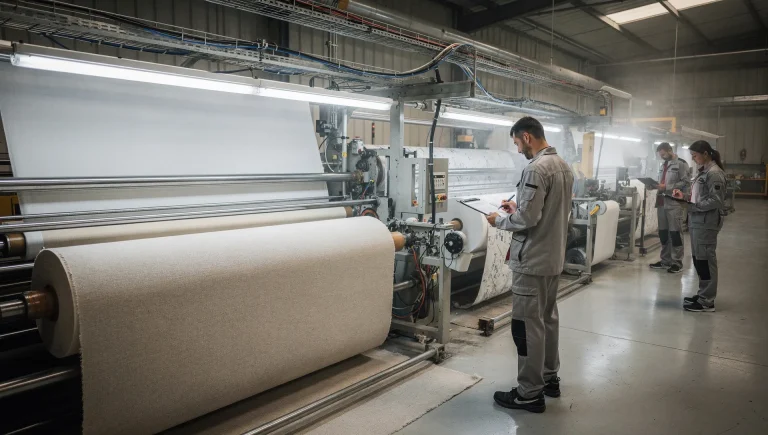 Rotoli di tessuto in uno stabilimento tessile durante una lavorazione conto terzi con documenti tecnici e controlli di filiera