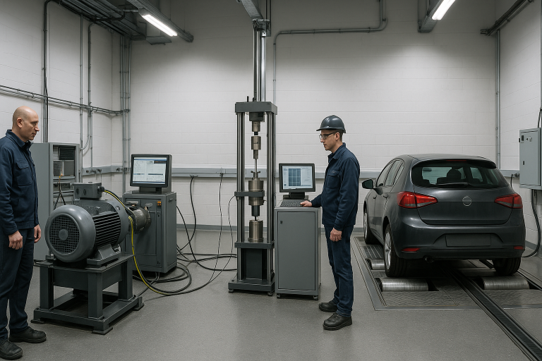 Laboratorio industriale con tre banchi prova diversi: dinamometro rotativo per motori, banco verticale di trazione e compressione e sistema su rulli per simulazione di strada